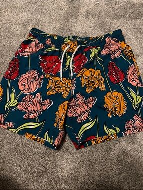 George Teal Floral Swim Shorts with Red, Pink & Orange Tulips